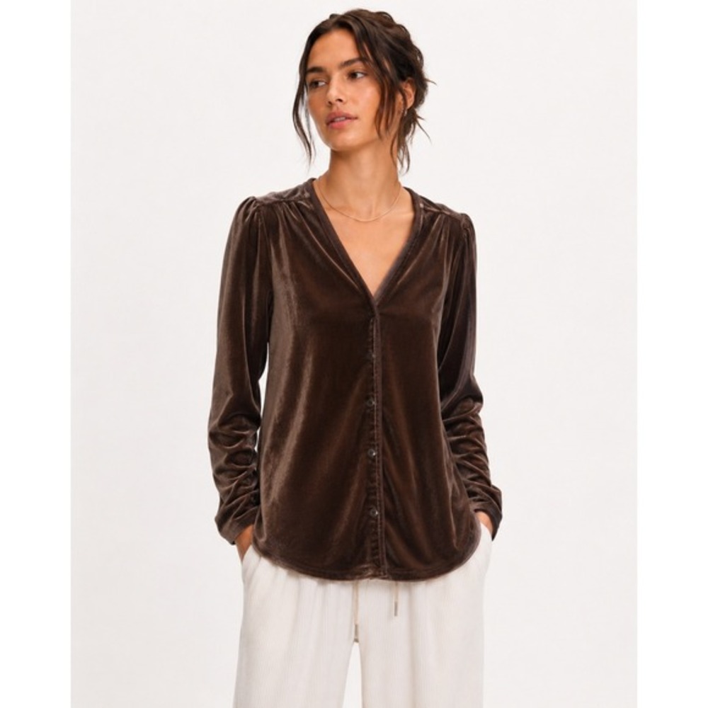 New LOGO Lavish‎ Velvet Button Up Blouse Large Brown NWOT